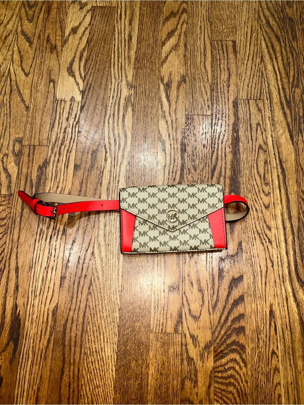Michael Kors MK Signature Belt Bag Fanny Pack Vanilla Coral Red S/M Waist Bag